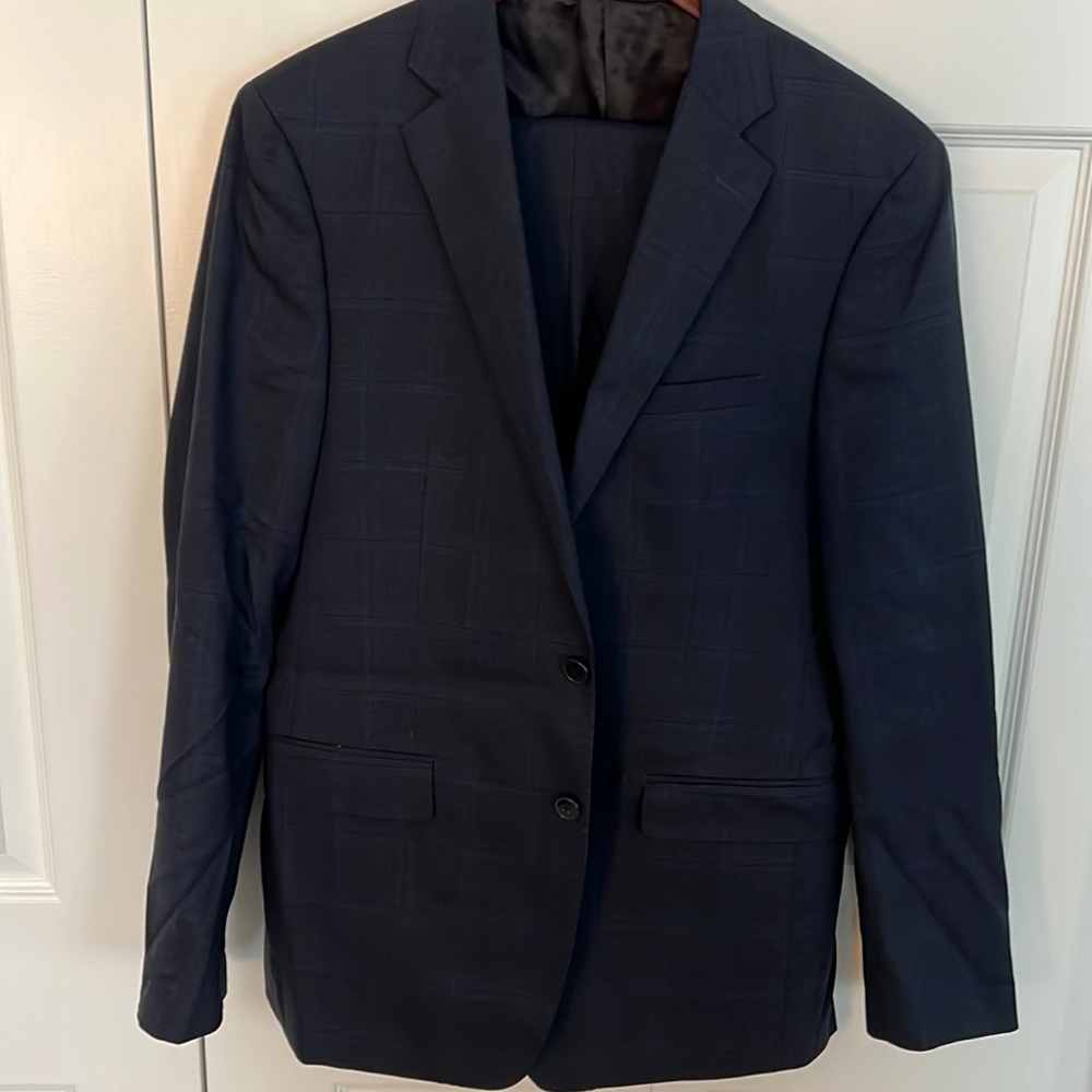 Calvin Klein 40R Navy Plaid Slim Fit Mens Suit Wool stretch